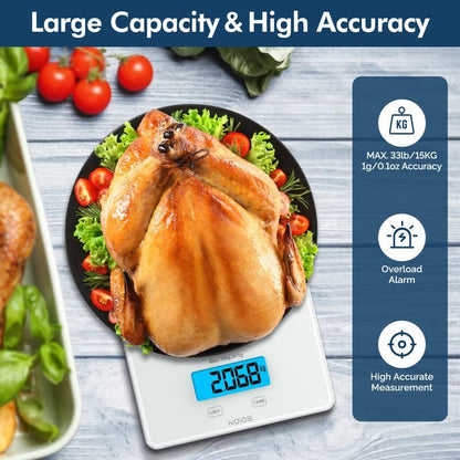 USB Rechargeable Food Scale, 33Lb/15Kg Kitchen Scale Digital Weight Grams and Oz for Cooking Baking, 1G/0.1Oz Precise Graduation, Waterproof Tempered Glass, 6 Weight Units, Tare Function