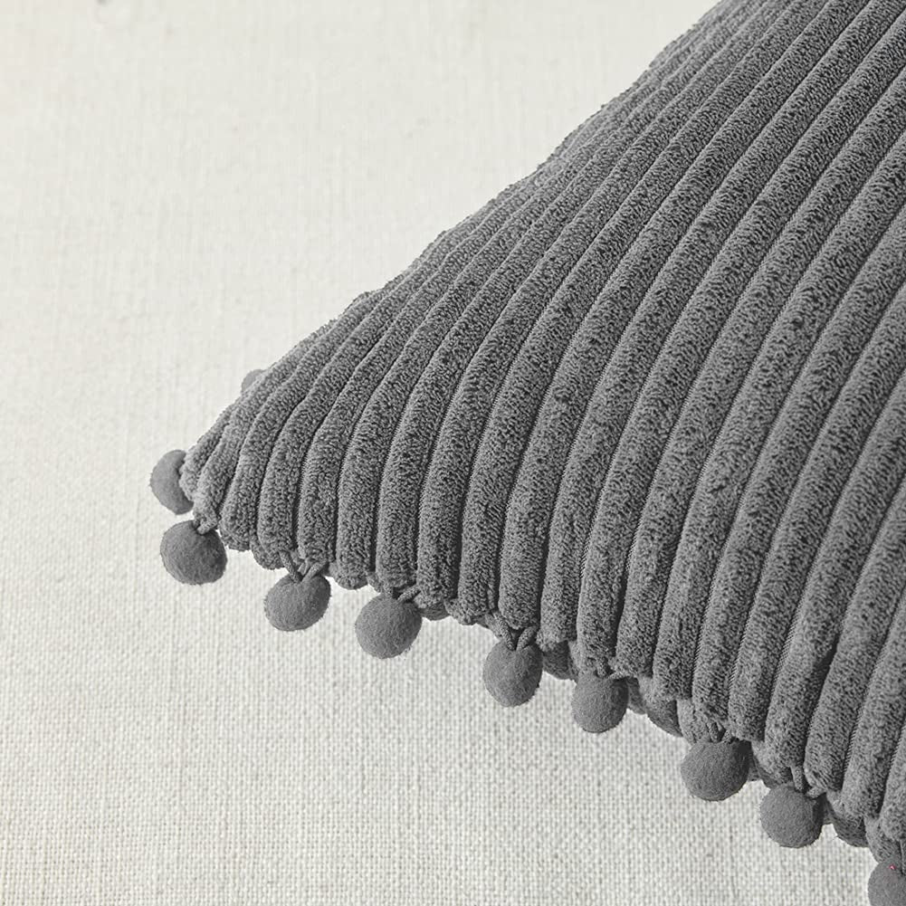 2 Packs Dark Gray Decorative Throw Pillow Covers 18X18 Inch with Pom Poms, Boho Farmhouse Home Decor, Soft Corduroy Accent Square Cushion Case for Living Room Couch Bed Sofa 45X45 Cm