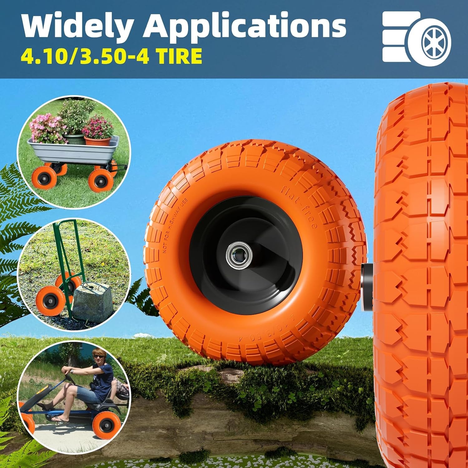 4.10 3.50-4 Tire and Wheel, 10 Inch Flat Free Tires 4 Pack with 5/8” Axle Bore Hole and Double Sealed Bearings, for Dolly Tires/Hand Truck Tires/Dump Cart Tires