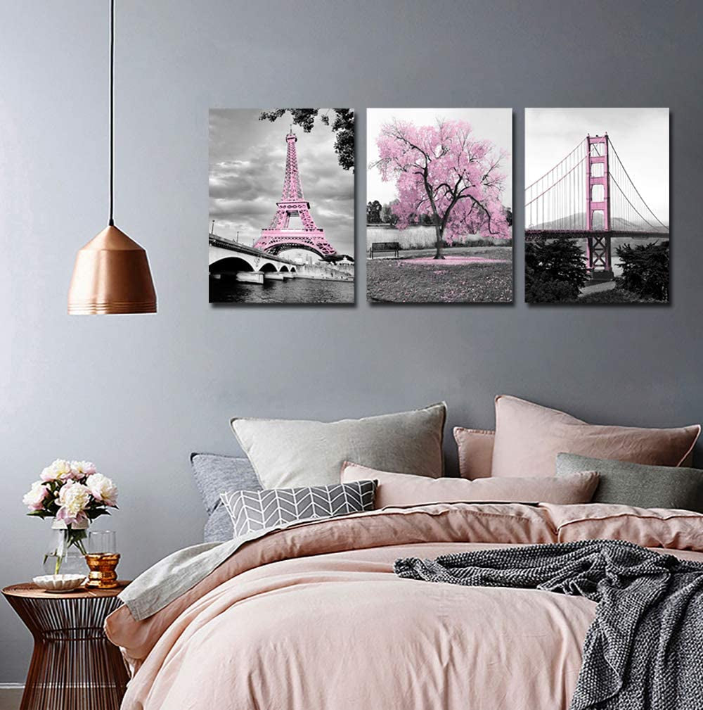 Wall Art for Bedroom Pink Tree Paris Eiffel Tower Golden Gate Bridge Romantic Black and White City Poster Bathroom Pictures Prints on Canvas for Living Room Decor