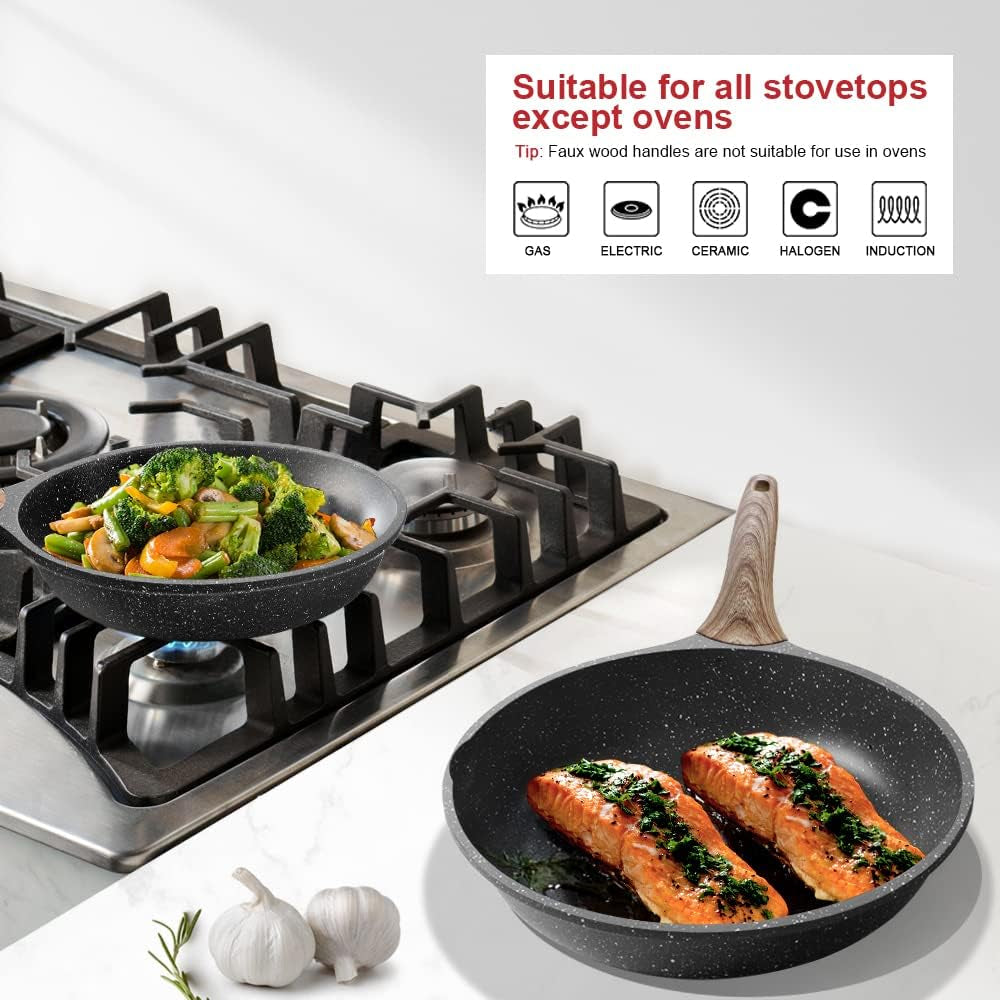 Nonstick Pan with Lid, Nonstick Stone Frying Pan, Best Nonstick Omelette Skillet with Soft Touch Handle, Induction Compatible(9.5 Inch with Lid)