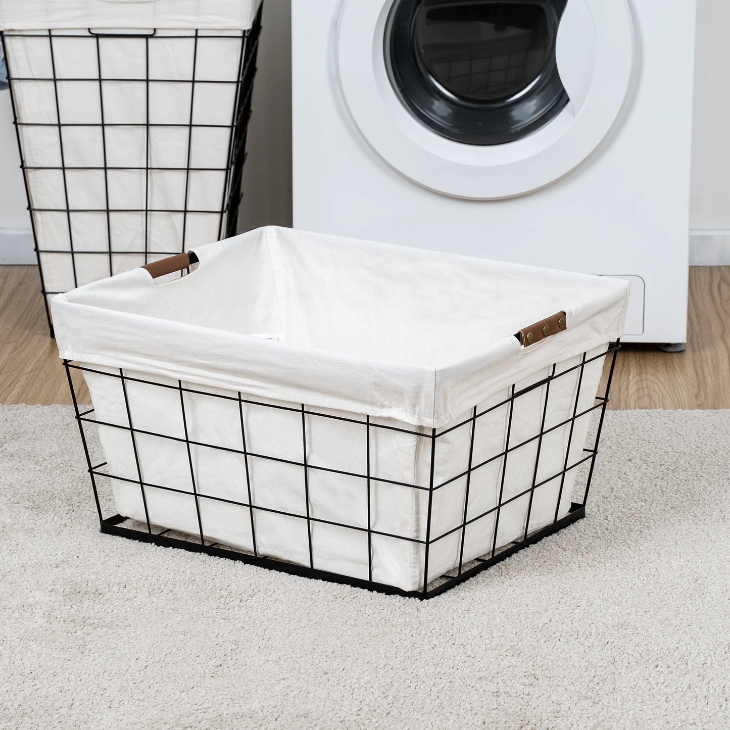 (2 Pack)  60L Rectangular Steel Wire Laundry Basket with Removable Cotton Blend Liner for Adult, Black & Natural