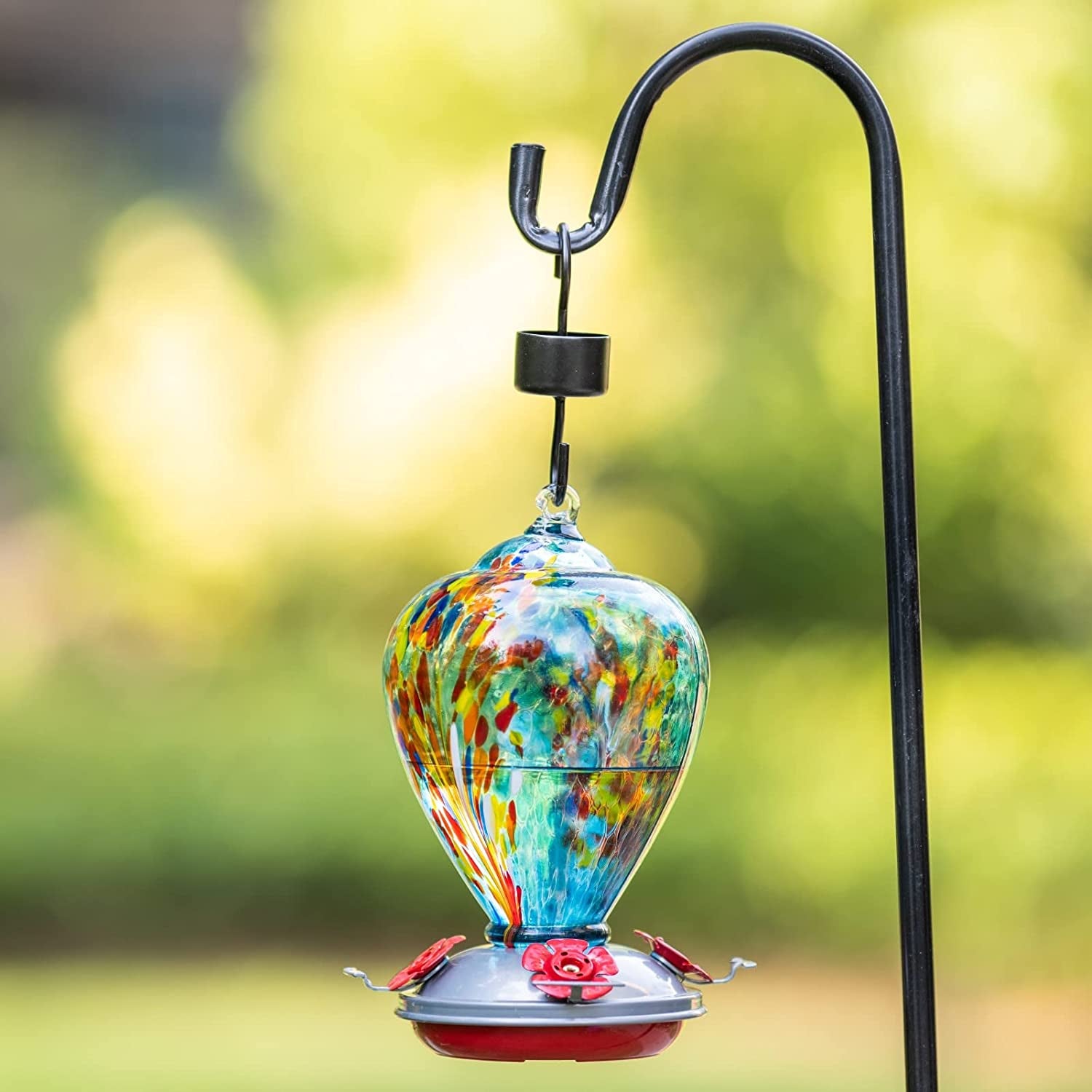 Hummingbird Feeder for Outdoors, Hand Blown Glass, 34 Ounces, Containing Ant Moat, Comet