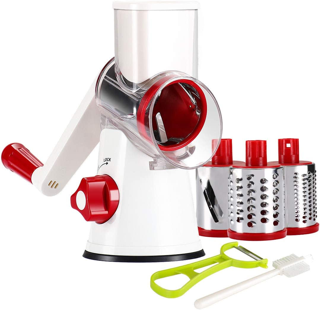 Rotary Cheese Grater Shredder- 3 Drum Bladea Manual Slicer Nut Grinder with Vegetable Peeler and Cleaning Brush (White Red)