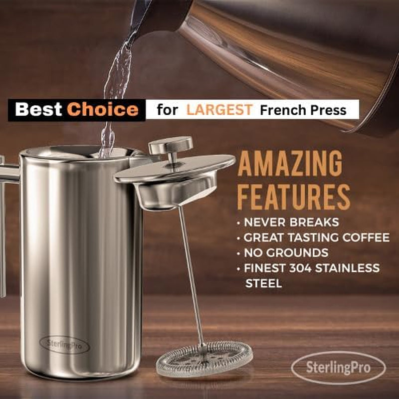 French Press Coffee Maker(1.75L)-Double Walled Large Coffee Press with 2 Free Filters-Enjoy Granule-Free Coffee Guaranteed, Stylish Rust Free Kitchen Accessory-Stainless Steel French Press