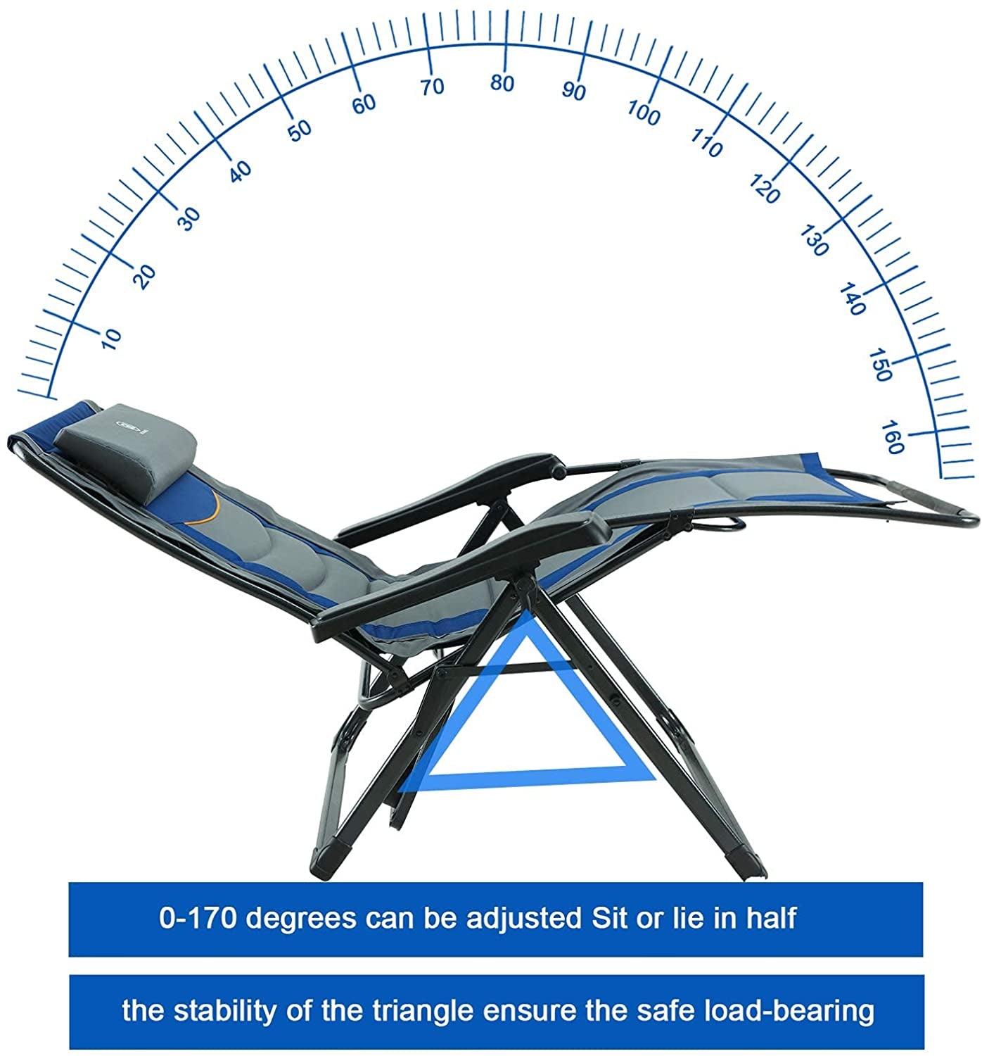 Oversize XL Zero Gravity Recliner Padded Patio Lounger Chair with Adjustable Headrest Support 350Lbs, Blue