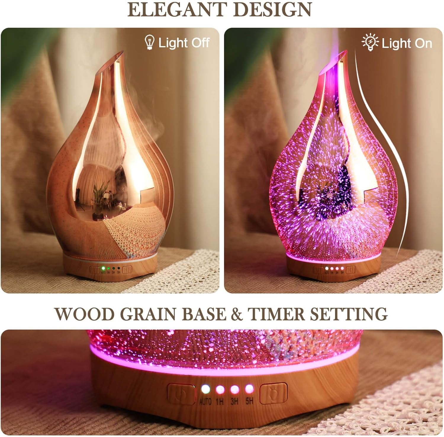 280Ml Essential Oil Diffuser, 3D Glass Aromatherapy Diffusor, Ultrasonic Cool Mist BPA Free Aroma Humidifier with Timer and Color Changing Function, Waterless Shut-Off for Home Office Room